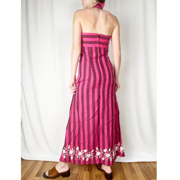 Vintage 70's Embroidered Maxi Striped Sleeveless Handmade Boho Halter Dress XS/S - Picture 3 of 8